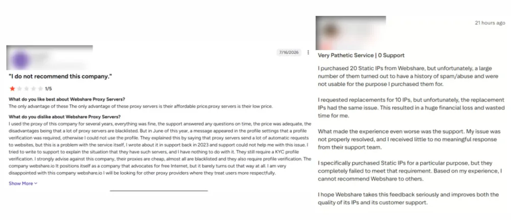 Webshare Negative Feedback