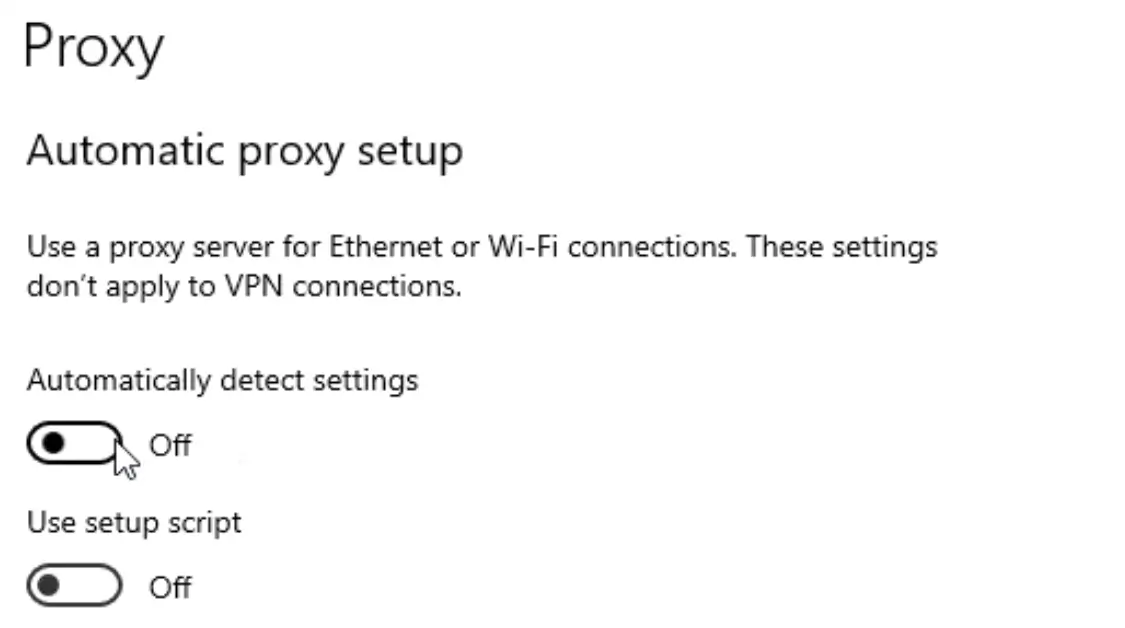Windows Proxy Automatically Detect Settings off
