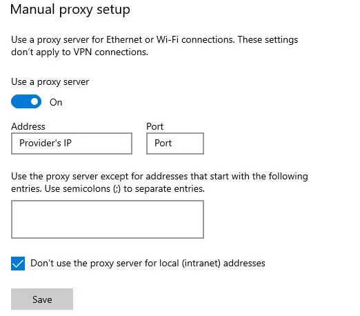Windows Proxy Setting enter Proxy Details
