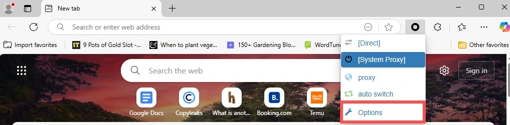 ZeroOmega proxy menu in Microsoft Edge
