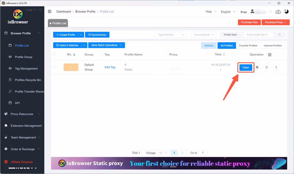 Open New Profile in ixBrowser