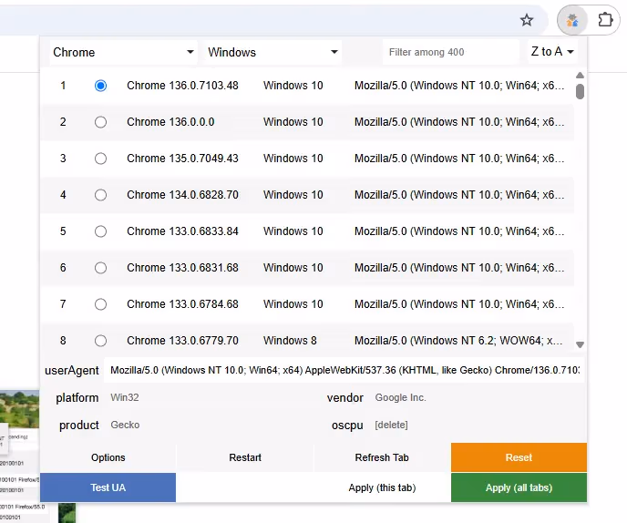 User-Agent Switcher Settings Panel