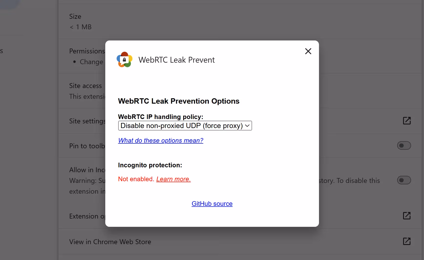 WebRTC Leak Prevent Extension Settings