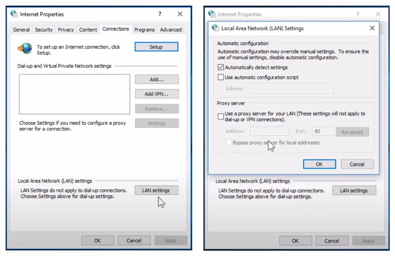 Windows Internet Properties LAN proxy settings