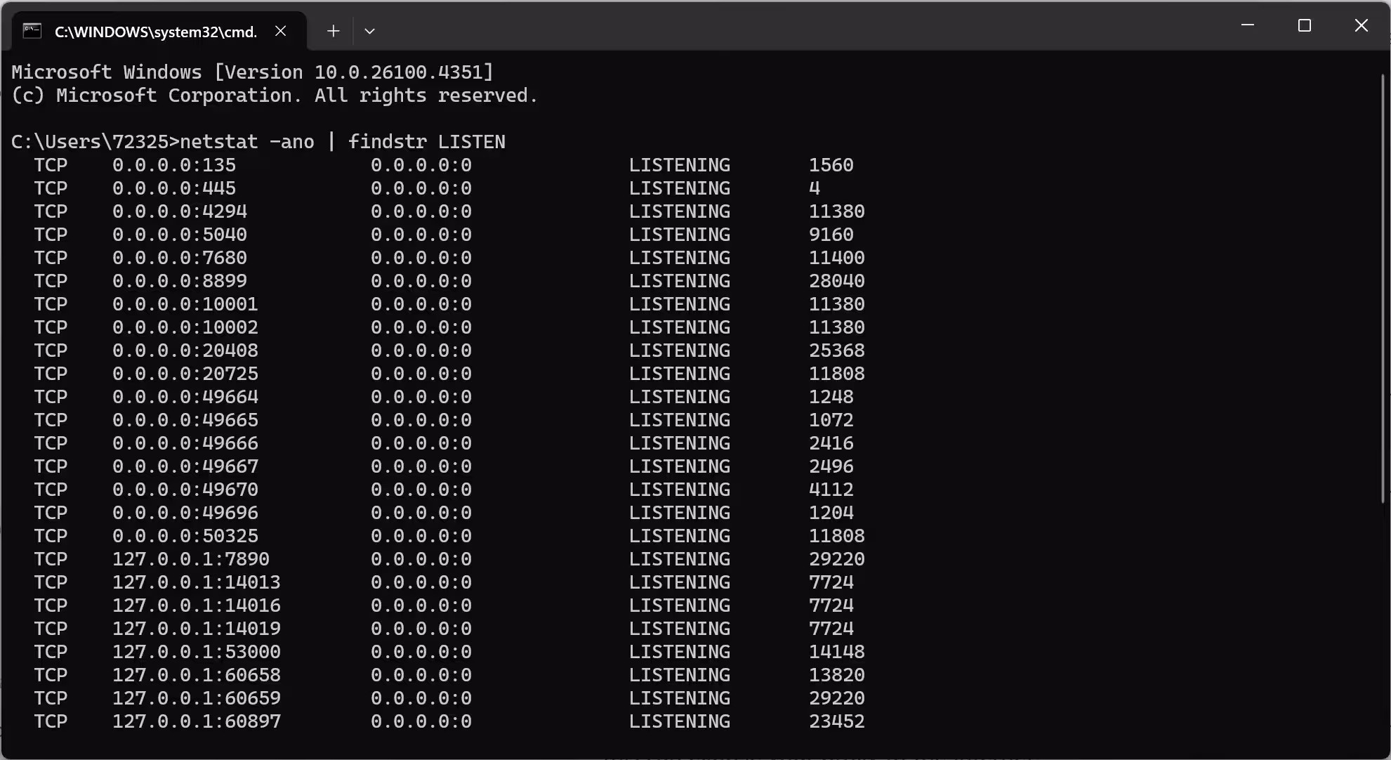 Windows netstat showing listening ports