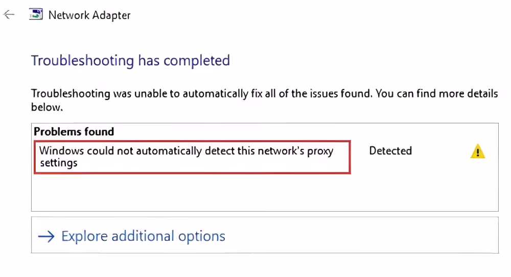 windows network proxy error detected