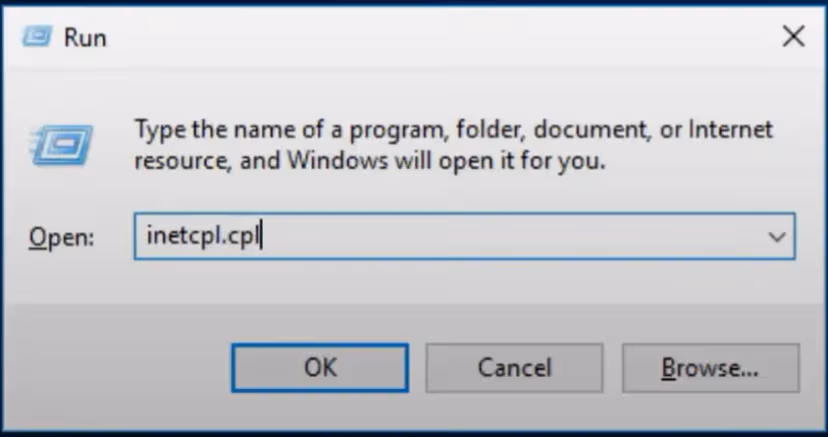 Windows Run dialog with inetcpl.cpl typed 