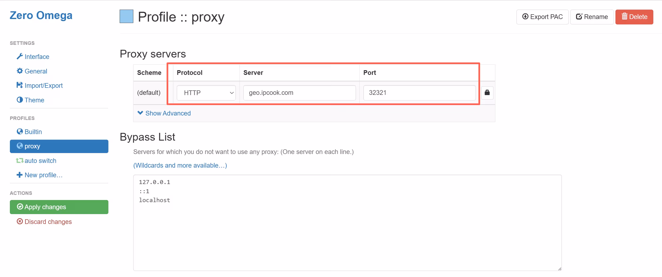 zeroOmega Chrome extension popup